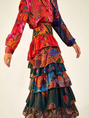 Farm Rio Mixed Print Tiered Maxi Skirt Layered Ruffles Sold Out Size XL